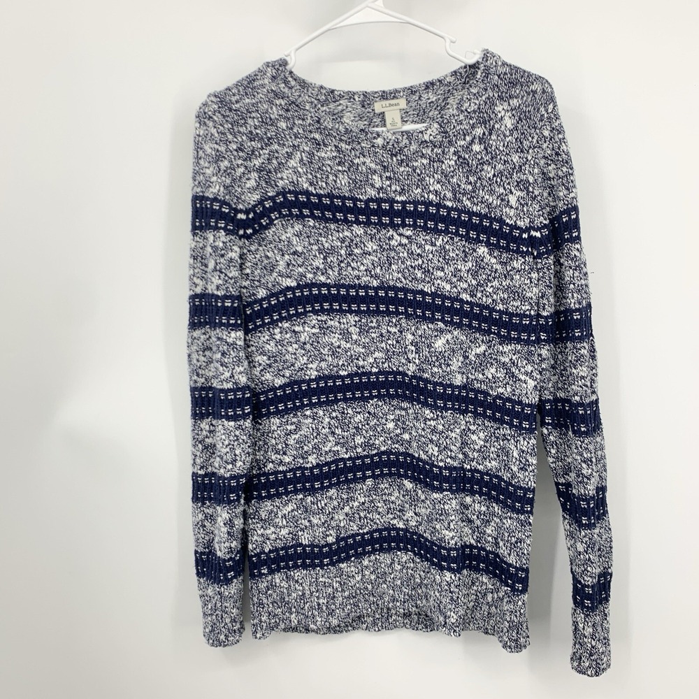 LL Bean Women Size Small Sweater Pullover Top Blue Striped Cotton Knit Crewneck